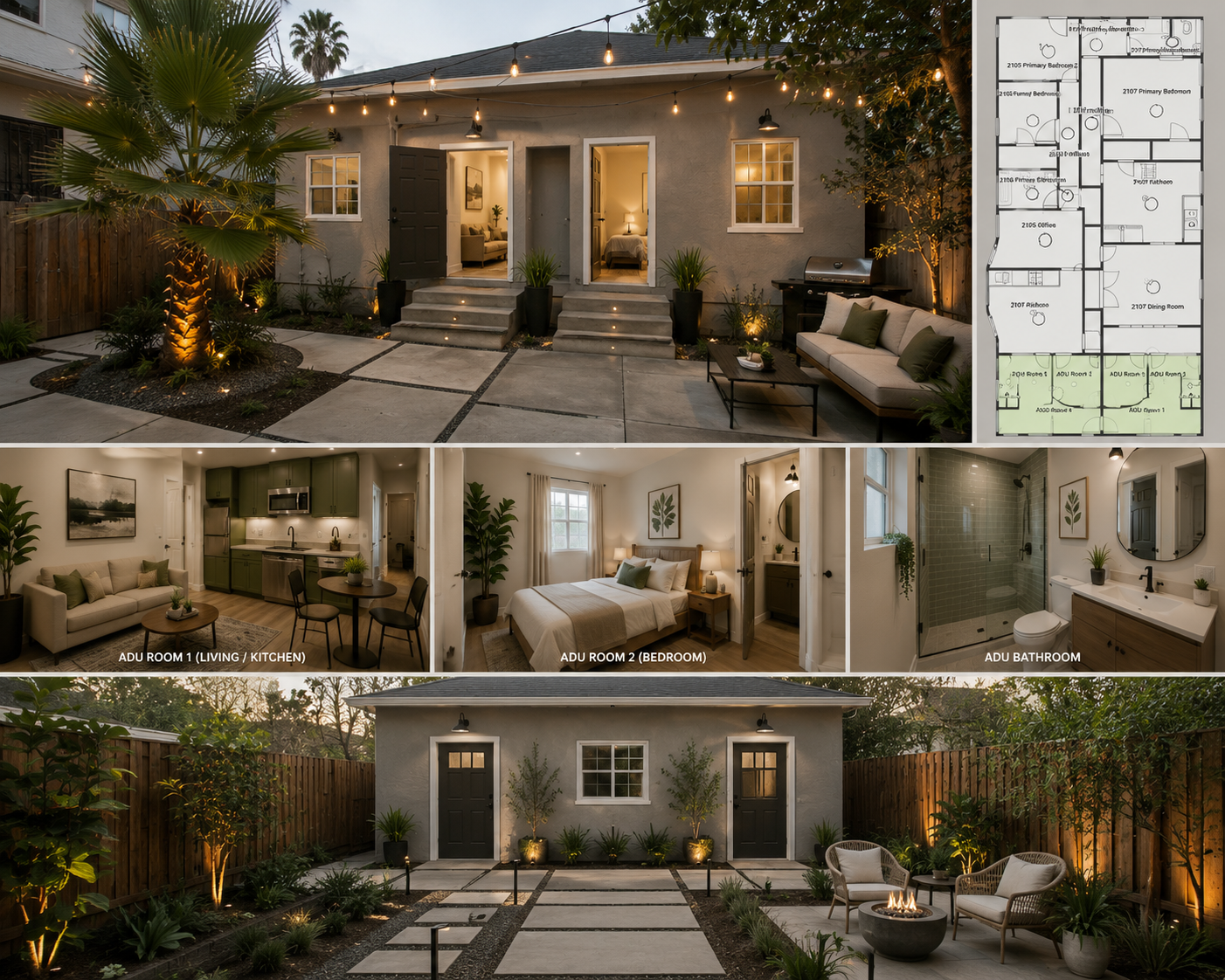 Renderings and floor plan of the two new ADUs: rear elevation, living and kitchen, bedroom, bathroom and yard