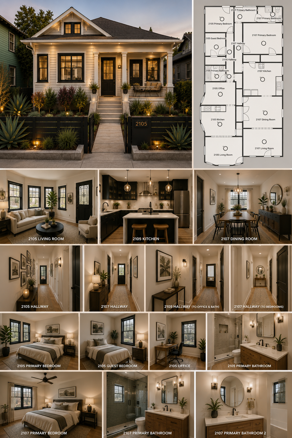 Renderings and floor plan of the two existing units: exterior, living room, kitchen, dining, hallways, bedrooms, office and bathrooms