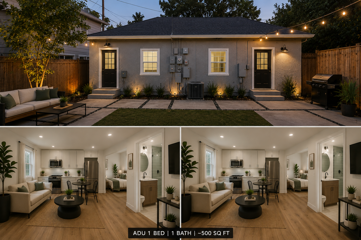 Renderings of ADU 1 and ADU 2 entries with shared patio, and the ADU living, kitchen, bedroom and bathroom interiors